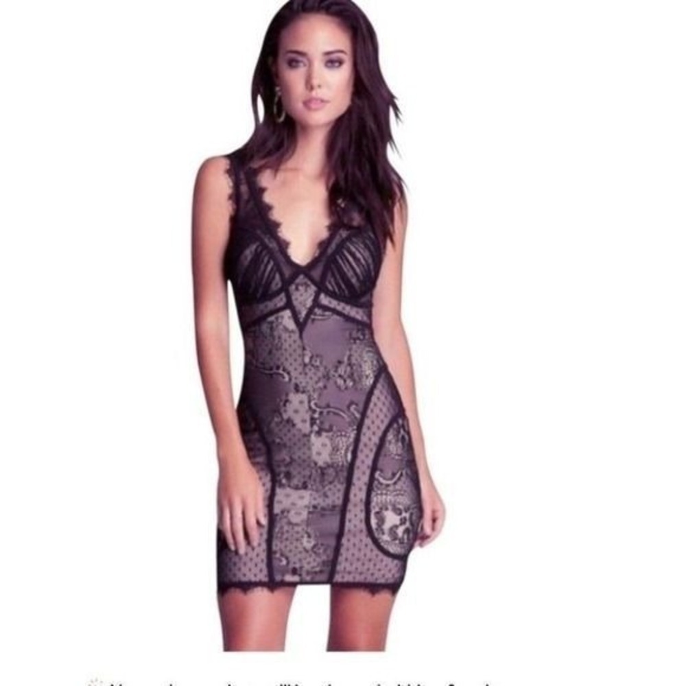 Bebe Black Lace Mesh Bodycon Mini Dress V-Neck Eyelash Trim Cocktail Party